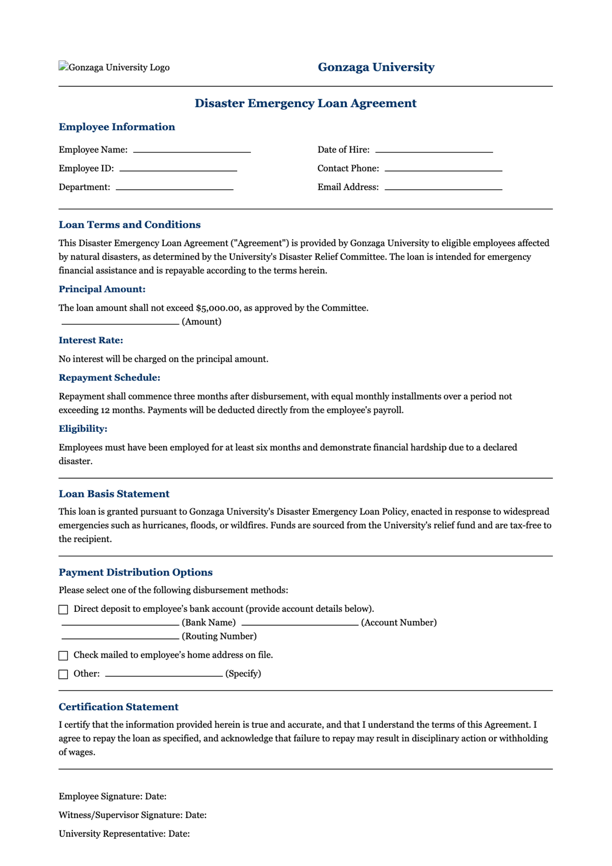Gonzaga University disaster emergency loan agreement form_variant_1